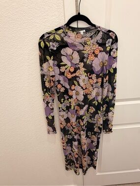 AFRM Black Floral Long Sleeve Midi Dress with Lavender & Peach Blooms